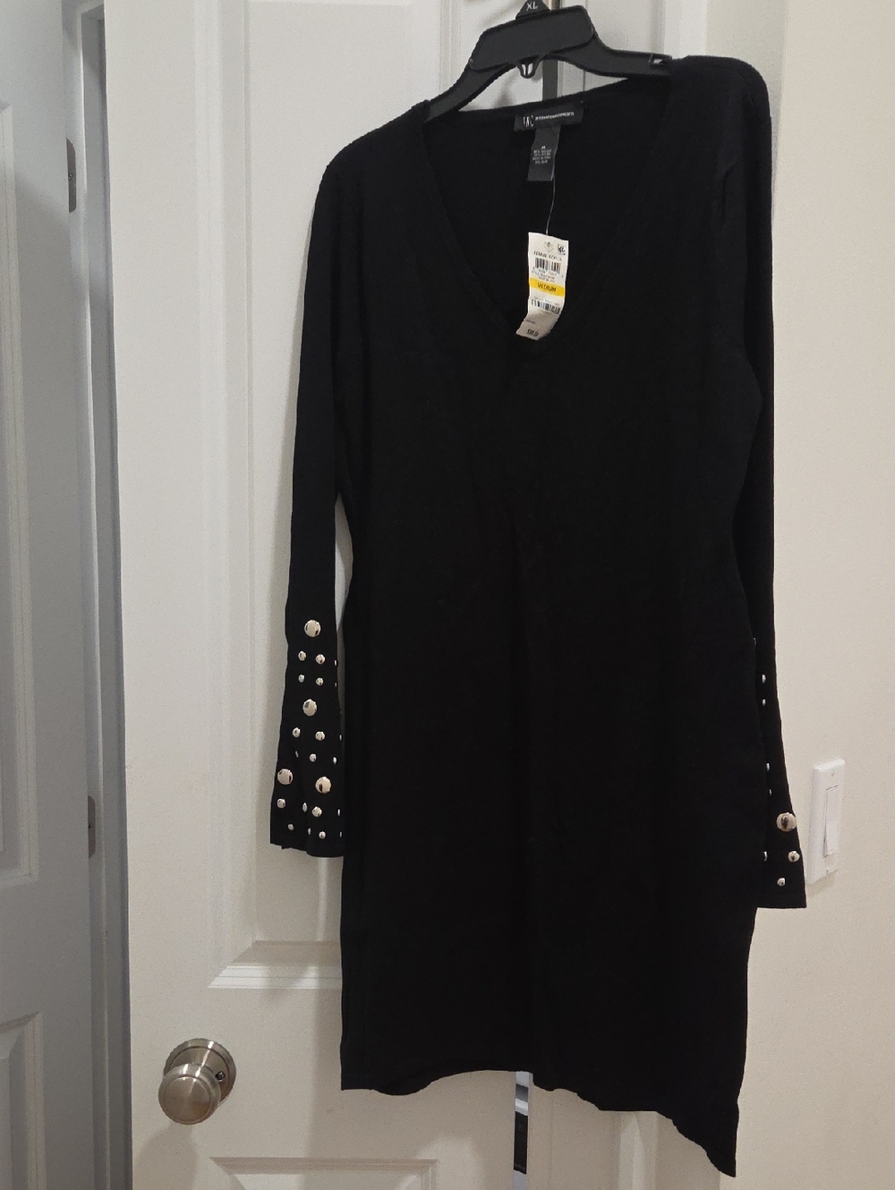 INC International Concepts Black V-Neck Long-Sleeve Studded Dress